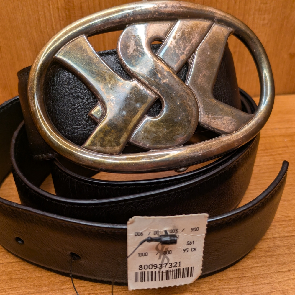 Yves Saint Laurent Black Leather Belt with Silver Buckle